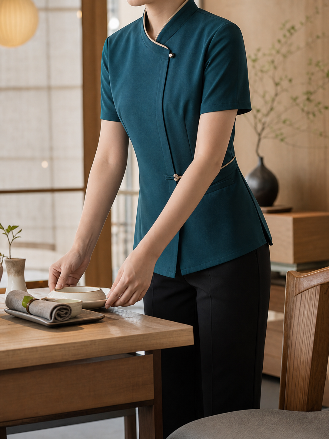 新中式餐饮服务工作服·茶楼酒店夏季制服·立领盘扣套装